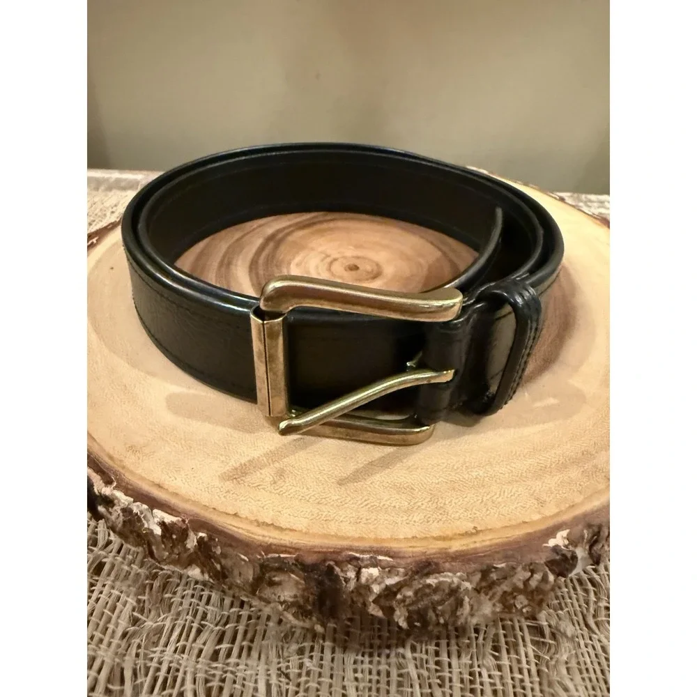 Vintage Polo Ralph Lauren Smooth leather Gold Logo Plate belt black Brass Sz-36